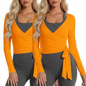 Chemise de yoga respirante à manches longues et col en V pour femme, couleur unie, rose et blanc - Product Image 4