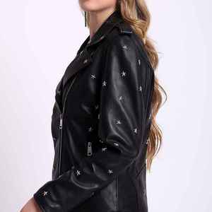 Veste en cuir PU pour femme aux couleurs uniques avec rivets étoiles, manches longues, col rabattu, fermeture éclair, style automne - Product Image 5