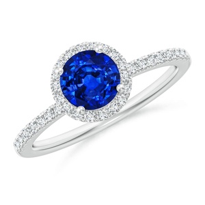 Anillo de Compromiso Clásico de Oro de 14K con Zafiro Azul de Corte Redondo de 6MM y 1.10Cts y Halo de Diamantes de 0.1Ct, Joyería Fina Hecha a Mano y Personalizada - Product Image 1
