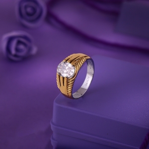 925 Sterling <b>Silver</b> <b>Ring</b> with Gold Plated Textured Design and Sparkling White Stone <b>Men</b> Fashion Statement <b>Ring</b> - Product Image 1