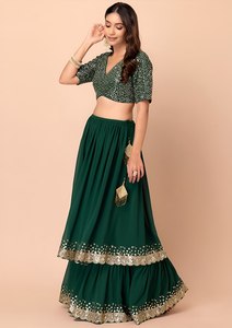 Dark Green <b>Sequin</b> Georgette Chiffon Crop <b>Top</b> A-Line Floor Length Evening Dress Banquet Wedding <b>Party</b> Outfit - Product Image 5