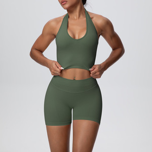 Conjunto de Yoga de 2 Piezas para Mujer, Verde Oliva, Top Corto Halter, Pantalones Cortos de Cintura Media, Sin Costuras, Transpirable, Cintura Elástica - Product Image 3