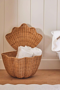 Unique Shell-Shaped Rattan <b>Storage</b> Basket with Lid, Handmade Wicker Nursery <b>Hamper</b> for Coastal Home Decor - Product Image 5