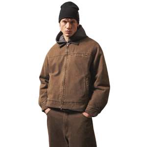 Blouson matelassé en twill lavé pour homme, veste légère zippée avec col en cuir, veste d'extérieur tendance en marron - Product Image 5
