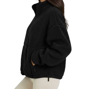 Ladies Black Custom Logo Zip Up <b>Drop</b> Shoulder Sherpa Jackets Outdoor <b>Stand</b> Collar Loose Fit Plain Fleece Sweatshirts - Product Image 3