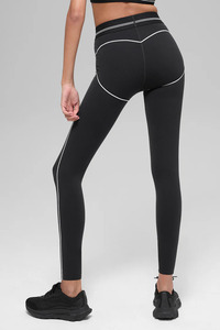 Pantalon de yoga et de fitness pour femme, taille haute, uni, long, sans couture, en spandex, avec surpiqûres contrastées et taille élastique - Product Image 2