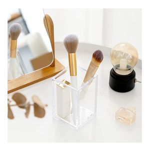 Porte-pinceaux de maquillage en acrylique transparent, organiseur de bureau avec bordure dorée, conteneur de rangement pour outils cosmétiques - Product Image 1