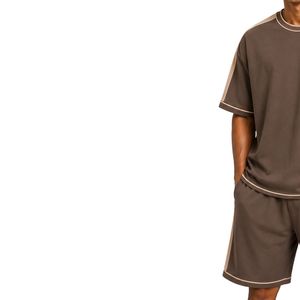 Brown Mens Oversized T Shirt And Shorts <b>Set</b> Beige Contrast Panels Custom Logo Crew Neck Casual Streetwear Wholesale Manufacturer - Product Image 3