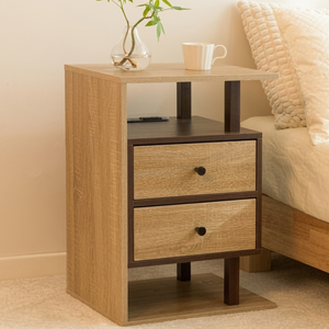 Modern Teak Wood Nightstand with Open Shelf and Two Drawer <b>Bedroom</b> Storage Design - Product Image 1