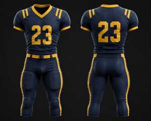 Custom American Football Uniform Navy Gold Sublimated Jersey and Padded Pants Mens Fitted Sportswear Moisture Wicking All Season - Product Image 1