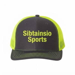 Gorra de béisbol unisex de malla verde neón y gris carbón, con texto bordado personalizado, ajustable, estilo snapback, informal, deportiva, para el sol. - Product Image 1