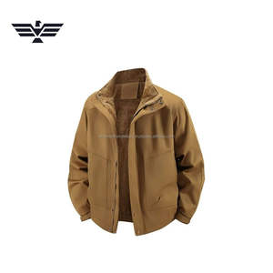 Men's Classic Solid Pattern Fleece-Lined Utility Jacket Embroidered Stand <b>Covered</b> <b>Button</b> Front Breathable Warm Winter Outdoor - Product Image 4