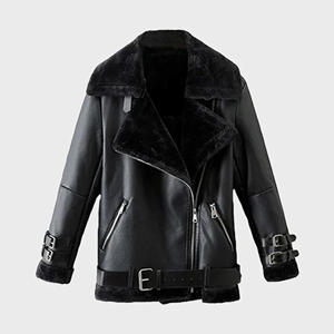 Chaqueta de Cuero Negra para Hombre, Estilo Motero, con Cinturón, Abrigo de Invierno con Forro de Piel de Oveja Genuina, Cálido, con Doble Hebilla - Product Image 1