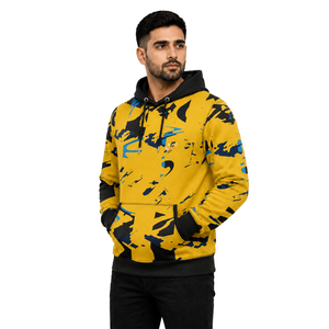 Sweat-shirt à capuche pour homme, imprimé abstrait jaune, noir et bleu, coupe classique, streetwear décontracté, pull avec poche et cordon de serrage à la capuche - Product Image 3