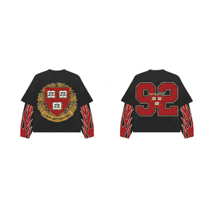 Premium 240 GSM Cotton Blend Double Layer Formal <b>Shirt</b> Black Red <b>Flame</b> Sleeves Regular Fit Custom Front Logo Streetwear - Product Image 1