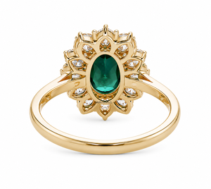 Anillo de piedra preciosa ovalada verde con halo de diamantes cultivados en laboratorio en corte marquesa y redondo para mujer en oro de 10K, 14K, 18K y plata 925, 935. - Product Image 4