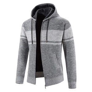 Hot Sale Men's Winter Hooded <b>Cardigan</b> Jacket with Zipper Closure <b>Thick</b> Velvet Fabric Anti-shrink Feature Striped Mandarin Collar - Product Image 6