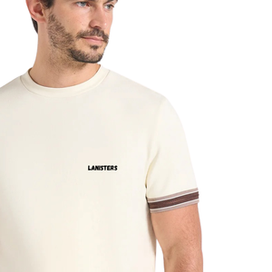 T-shirt homme col rond manches courtes, poignets à double rayure, petit imprimé poitrine, coupe classique, vente en gros, personnalisable OEM, en jersey de coton - Product Image 5