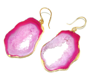 Boucles d'oreilles pendantes fantaisie en forme de géode drusy rose plaqué or 22 carats pour femmes, vente en gros pour filles - Product Image 3