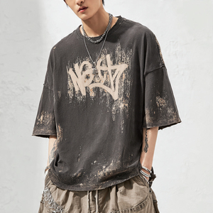 เสื้อยืดดีไซน์พิเศษ แต่งขอบดิบ สไตล์วินเทจ สตรีทแวร์ ตัดต่อผ้าแบบพิเศษ ระบายอากาศได้ดี ผ้าฝ้ายเนื้อหนา ใส่ได้ทั้งชายและหญิง ทรงโอเวอร์ไซส์ สำหรับฤดูร้อน - Product Image 5
