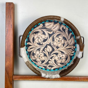 Western Style Cowhide Leather Round Farmhouse Storage Organizer Designer Large Turquoise Stitching Floral Leather Display Tray - Product Image 4