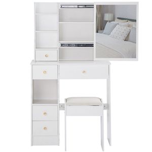 29.2\" Small Space Left Drawer Desktop <b>Vanity</b> <b>Table</b> Cushioned Stool Extra Large Right Sliding <b>Mirror</b> Multi-Layer High Dressers - Product Image 6