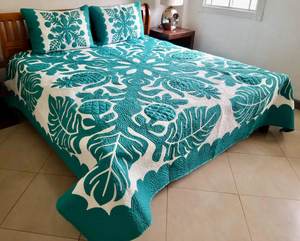 Beautiful Vintage Green White <b>Leaf</b> Patterned 100% Cotton Hawaiian Quilt Set Handmade Eco-Friendly Home & Hotel <b>Bedding</b> Decor - Product Image 1
