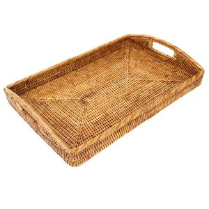 Handcrafted Rattan Decorative <b>Trays</b> Rectangle Plant Fiber 2Pcs Rustic Style With Handle Storage <b>Baskets</b> - Product Image 5