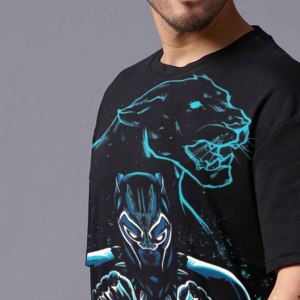 Camiseta de Manga Corta Negra para Hombre, Talla Grande, Antiarrugas, con Estampado de Personaje de Pantera, Cuello Redondo, Estilo Jersey Informal - Product Image 1