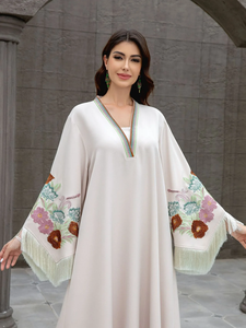 Elegant O-Neck Tassel Modest Arabian Solid Chiffon Straight Natural Long Muslim Jalabiya Luxury <b>Kaftan</b> Gown Women <b>Plus</b> <b>Size</b> - Product Image 4