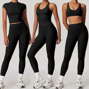 Conjunto Deportivo de Tres Piezas para Mujer, Top Corto Negro Elástico, Camiseta sin Mangas y Leggings Ajustados, Ropa Deportiva - Product Image 1