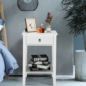 FCH White Two-Tier Bedside Dresser Dual Layer Coffee Table with Drawer - Product Image 1