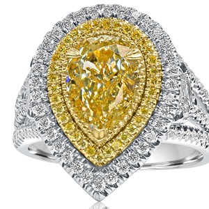 Bague à trois rangs en or blanc 18 carats avec diamant de laboratoire fantaisie taille poire, double halo, 2,00 carats, minimaliste, certifié IGI, clarté VVS - Product Image 2