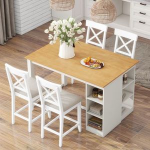 Set Tavolo da Pranzo Alto Stile Rustico con Scaffali a 3 Livelli e Sedie Imbottite (60"Lx30"W) - Product Image 5