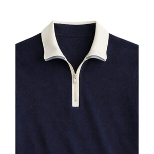 Polo de punto de manga corta azul marino para hombre con cuello cremallera y cremallera frontal, diseño casual liso, tela de algodón transpirable - Product Image 2