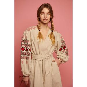 Vestido Midi de Lino Beige Bordado para Mujer, Ecológico, Lavable, con Cinturón Étnico y Manga Larga, Estilo Kurti, Venta al Por Mayor - Product Image 2