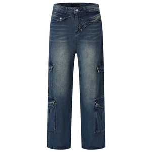 Nouveau Jean Cargo en Denim Bleu pour Homme Coupe Ample Personnalisée Multi-Poches Streetwear Vintage Délavé Jambe Large Droite - Product Image 1