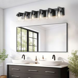 Lampada da Bagno Moderna a 6 Luci, Illuminazione per Vanità Nera con Paralume in Vetro Trasparente, Apparecchio Luminoso a 6 Luci per Bagno - Product Image 3