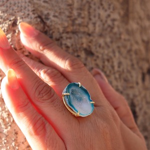 Natural Geode Druzy Brass Gold Plated Prong Setting Double Layer <b>Adjustable</b> <b>Ring</b> Daily Wear <b>Ring</b> for Her - Product Image 4