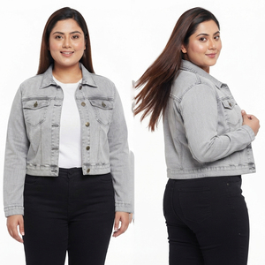 Veste en jean gris clair pour femme, coupe courte, boutonnage classique, col rabattu, veste en jean élégante à boutons - Product Image 1