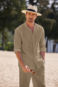 Ensemble chemise et pantalon pour homme en lin respirant, manches longues, style gothique uni, tenue de plage d'été, deux pièces, vente en gros - Product Image 5
