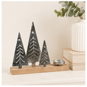 High-Quality Silver Metal Christmas Tree Candle Holder With Rustic Wooden Base Elegant Festive Tealight <b>Stand</b> For Home Decor - Product Image 4