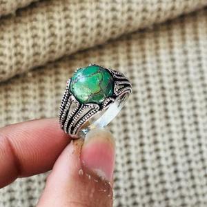 Tribal Gothic Green <b>Turquoise</b> Brass <b>Ring</b> Oxidized Silver plated Vintage Textured Wholesale <b>Ring</b> For women - Product Image 5