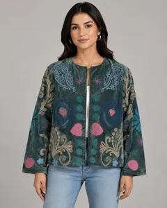 Bohemian Soft <b>Velvet</b> Suzani Embroidered <b>Jacket</b> with Floral And Heart Pattern Full Sleeve O-Neck <b>Women's</b> Winter Outerwear - Product Image 1
