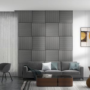Set di 4 Pannelli Acustici in Legno e MDF Grigio 60x120cm, Decorazione Fonoassorbente per Pareti a Doghe - Product Image 2