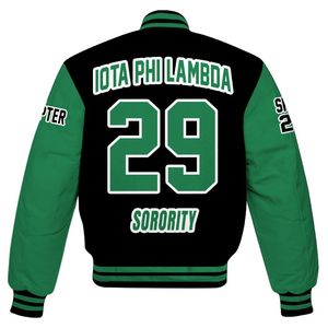 Veste universitaire personnalisée pour femmes Iota Phi Lambda, noire et vert émeraude, avec lettres, écusson, numéro et année, style bomber pour sororité - Product Image 6