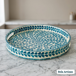 Bandeja y Plato Decorativo de Madera Hecho a Mano con Incrustaciones de Hueso Redondas y Patrón en Espiral de Pétalos Azul Turquesa para Ramadán y Bodas - Product Image 1