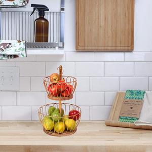 2-Tier Eco-Friendly Vintage Gold Wire Fruit Basket with Wooden Base Metal Countertop Holder & <b>Vegetable</b> Storage <b>Stand</b> - Product Image 5