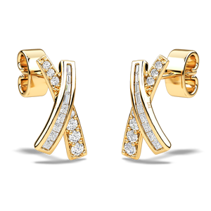 10K 14K 18K Gold Natural Diamond <b>Stud</b> Earrings Criss Cross Design with Baguette and Round Cut Stones Modern Minimal Jewelry - Product Image 3