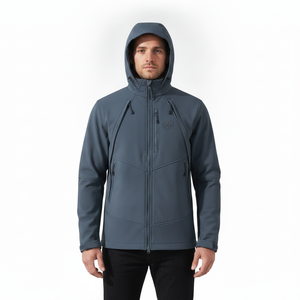 Men's Navy Hooded Fleece Jacket Zipper Closure Casual Autumn Wear Windproof Softshell Regular Fit - Product Image 3